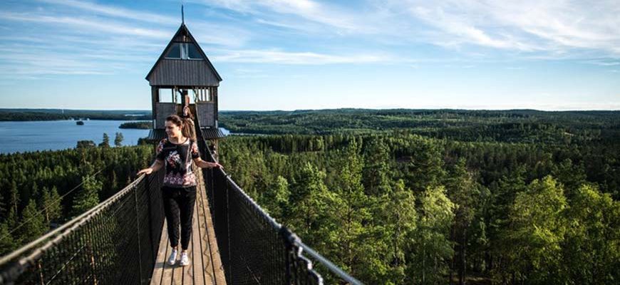 Mensen wandelen over een uitzichtspad hoog boven de bomen in Zweden